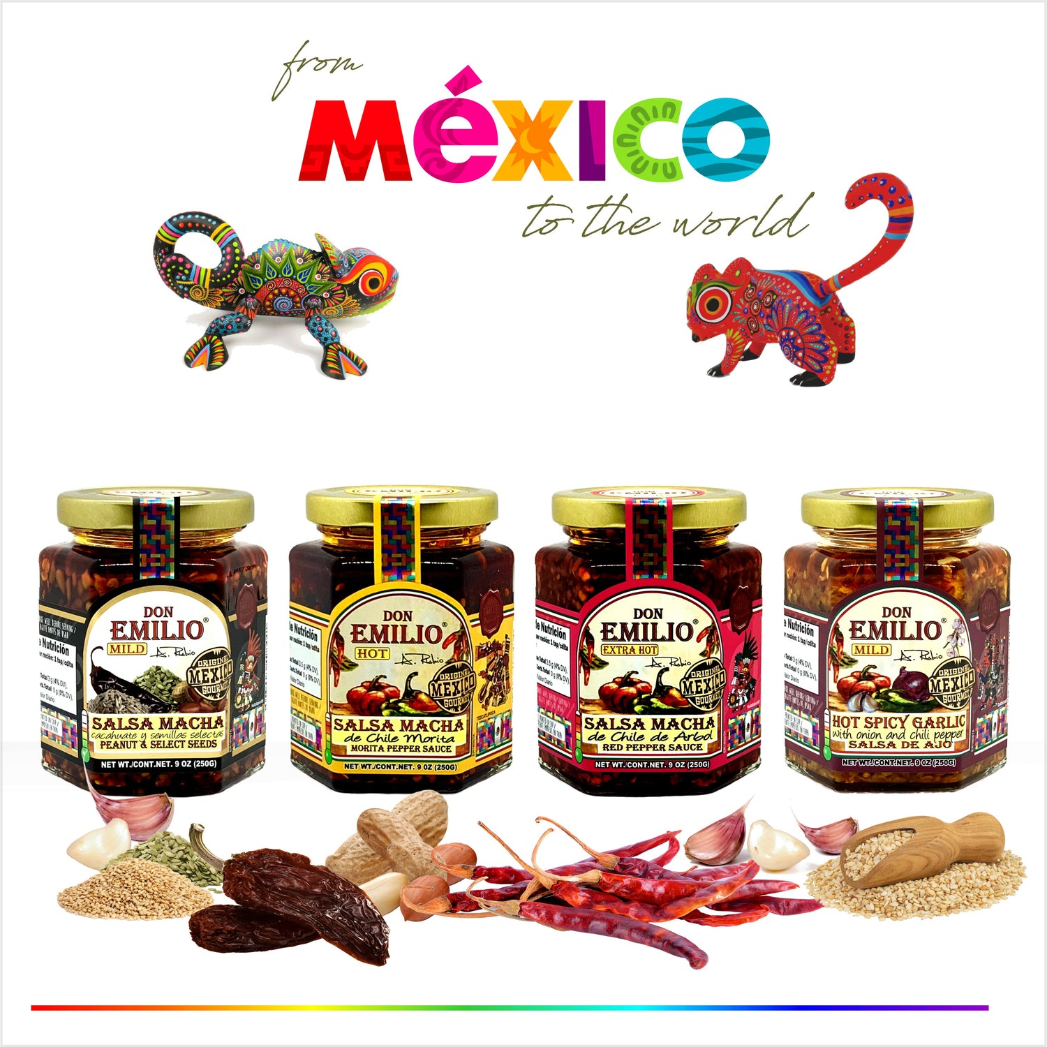 Don Emilio 4 Pack Premium Salsas - Morita Pepper, Red Pepper, Peanut with Select Seeds and Spicy Garlic Sauce (4/9oz)