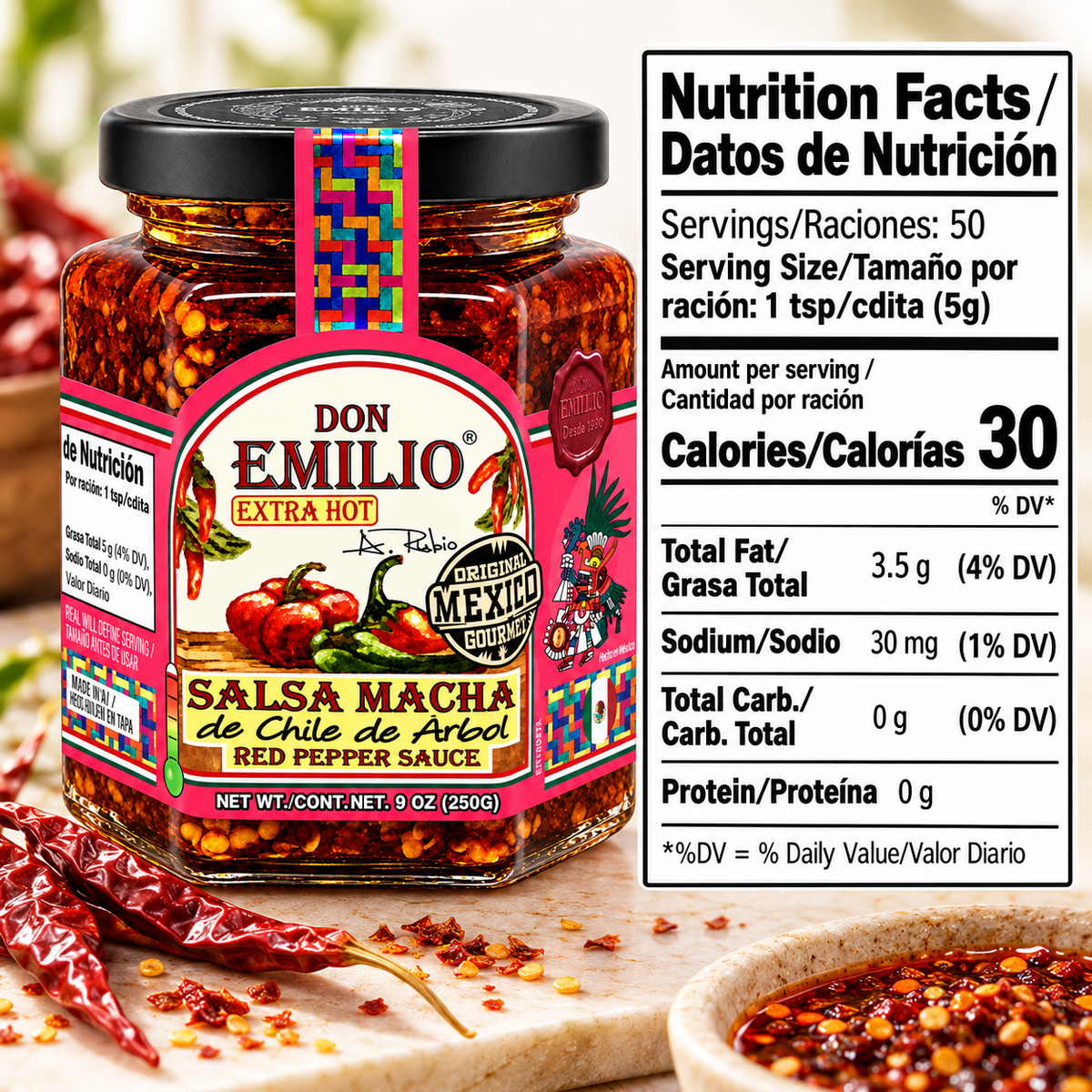 Don Emilio Extra Hot Red Pepper Salsa Macha 9 oz | EXTRA HOT (NON-GMO)
