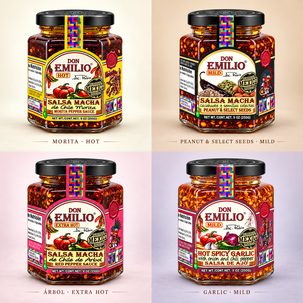 Don Emilio 4 Pack Premium Salsas - Morita Pepper, Red Pepper, Peanut with Select Seeds and Spicy Garlic Sauce (4/9oz)