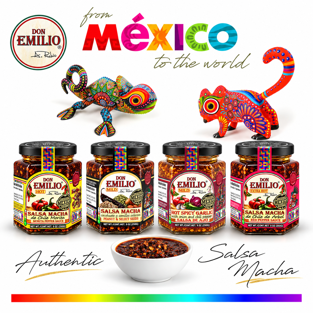 Don Emilio 4 Pack Premium Salsas - Morita Pepper, Red Pepper, Peanut with Select Seeds and Spicy Garlic Sauce (4/9oz)